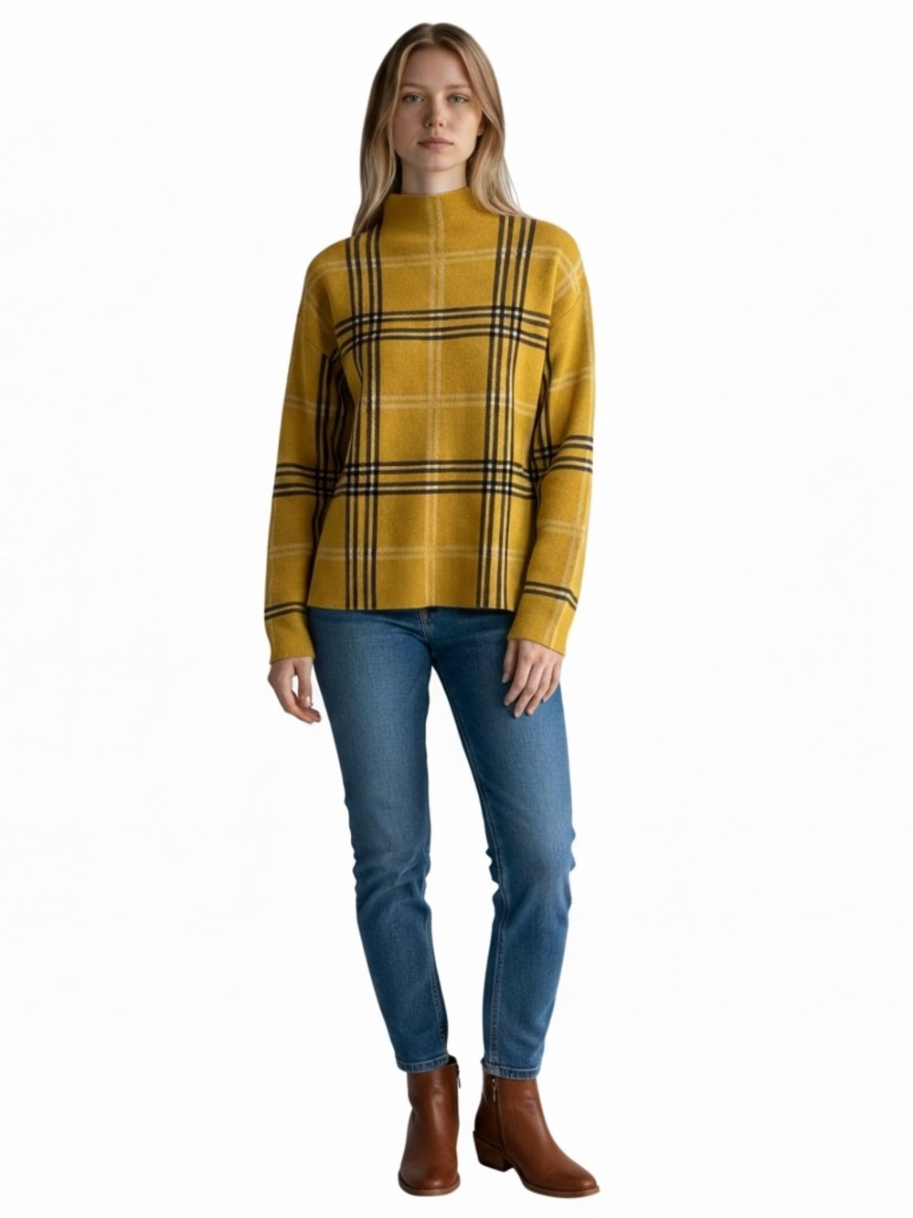 Tahari Women’s Mustard Plaid Mock Neck Sweater size XS